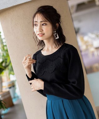 Tiaclasse L 【洗える】大人上品なスカラップレースコンビニット ブラック