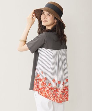 自由区 【洗える】オルタンシアフルールプリントコンビ カットソー オレンジ系