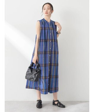 earth music&ecology 綿ＰＵクレープワンピース（ｃｈｅｃｋ柄） Blue