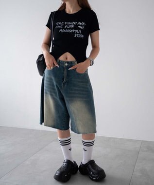 WEGO ウオッシュドデニムハーフパンツ デニム中濃色