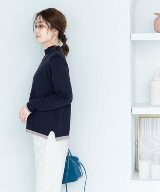 Tiaclasse L 【洗える】もっちり素材が肌触り抜群の配色ニットトップス ネイビー×ベージュ