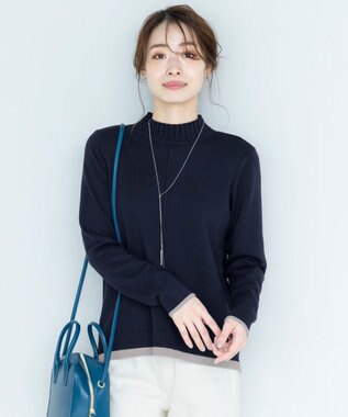 Tiaclasse L 【洗える】もっちり素材が肌触り抜群の配色ニットトップス ネイビー×ベージュ