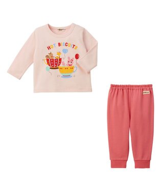 MIKI HOUSE HOT BISCUITS 【80-120cm】ミニ裏毛パイル素材 ティーカップ柄 ルームウェアセット ピンク