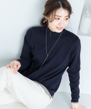 Tiaclasse L 【洗える】もっちり素材が肌触り抜群の配色ニットトップス ネイビー×ベージュ