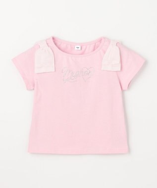 ANY KIDS 【綿100%】肩リボン×ラインストーンロゴ 半袖Tシャツ ピンク