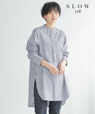 【SLOW】Soft Wash Shirting チュニック シャツ, ネイビーストライプ, 38