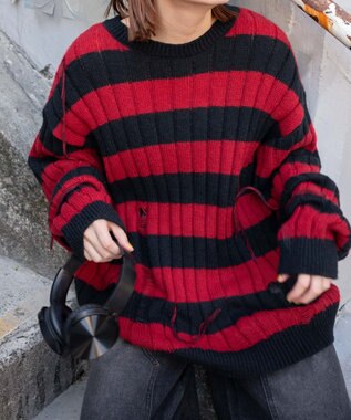 WEGO ボーダーワイドリブダメージニット