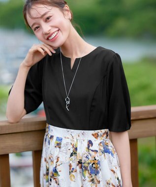 Tiaclasse L 【洗える】フラワープリントドッキングワンピース ブラック×オフホワイト