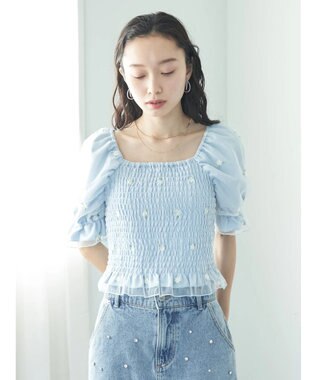 earth music&ecology フラワー刺繍ブラウス Blue