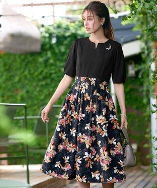 Tiaclasse L 【洗える】フラワープリントドッキングワンピース ブラック×ブラック