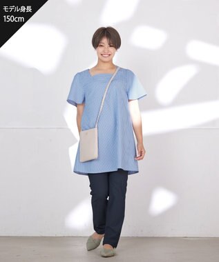 Tiaclasse L 【洗える】ストライプフレアスリーブチュニックブラウス ブルー