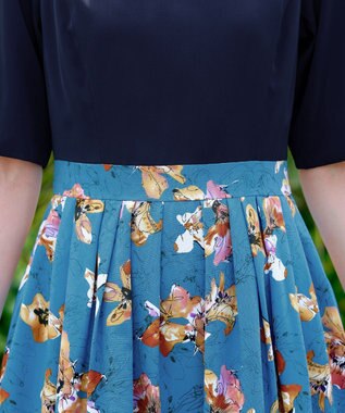 Tiaclasse L 【洗える】フラワープリントドッキングワンピース ネイビー×ターコイズ