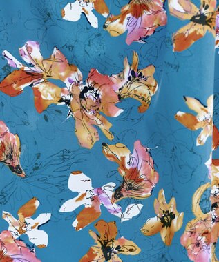 Tiaclasse L 【洗える】フラワープリントドッキングワンピース ネイビー×ターコイズ