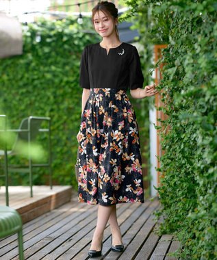 Tiaclasse L 【洗える】フラワープリントドッキングワンピース ブラック×ブラック