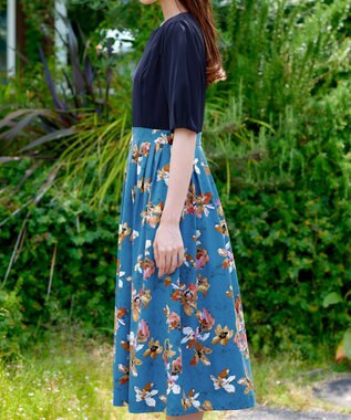 Tiaclasse L 【洗える】フラワープリントドッキングワンピース ネイビー×ターコイズ