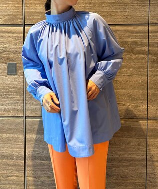 UNFILO イージーケア ギャザーブラウス サックスブルー