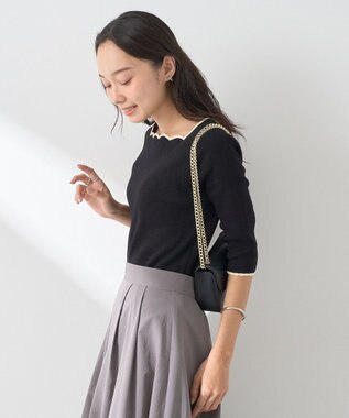 earth music&ecology 襟袖スカラップ配色プルオーバー Black