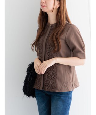 Te chichi 【WEB限定カラーあり】フロントレース5分袖ブラウス モカ