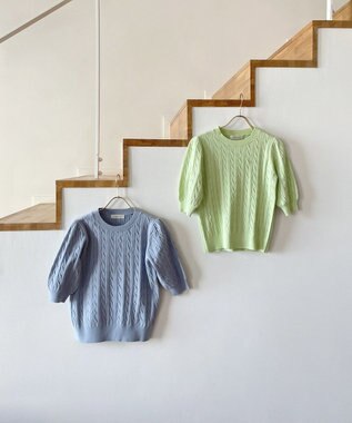 Feroux 【洗える】カラーケーブル ニット スカイブルー系