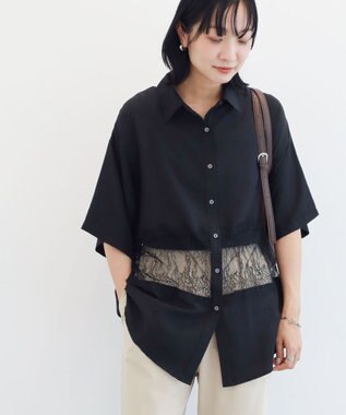 Green Parks レース切替５分袖シャツ Black