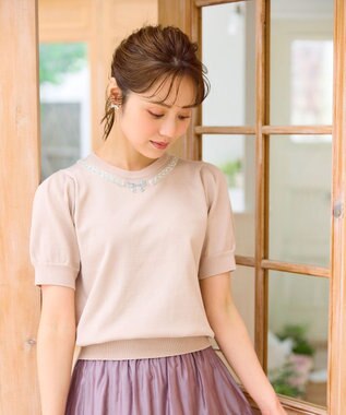 Feroux ビジューネックレスニット ピンク系