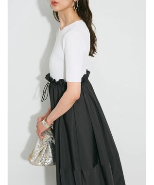 Green Parks ランタン型ニットドッキングタフタワンピース Off White