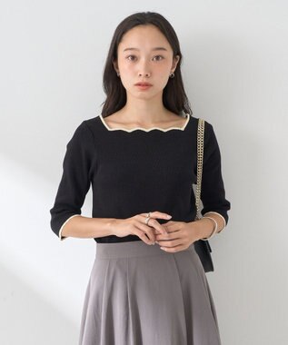 earth music&ecology 襟袖スカラップ配色プルオーバー Black