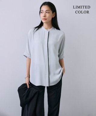 ICB L 【人気のため新色追加・接触冷感・UVケア・速乾・洗える】BackSatinAmunzen 5分袖バンドカラーブラウス アッシュブルー系