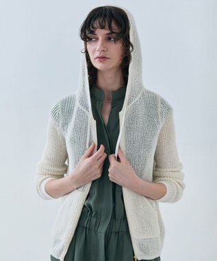 BEIGE， 【洗える】OPTICAL / ペーパーヤーンフーディージップニット Ecru