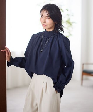 ANY フリルネックブラウス ネイビー