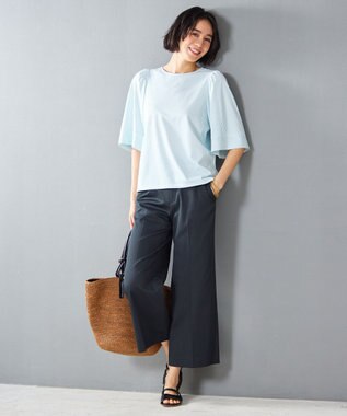 自由区 【洗える】リヨセルコットンストライプ カットソー オフ×サックス