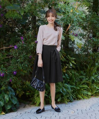 Tiaclasse 【洗える】大人上品なフレアタックスカート ブラックストライプ