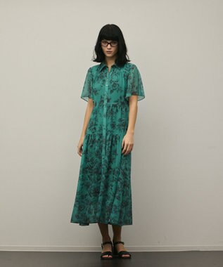 GRACE CONTINENTAL フラワープリントシャツフレアワンピース グリーン