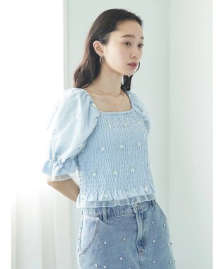 earth music&ecology フラワー刺繍ブラウス Blue