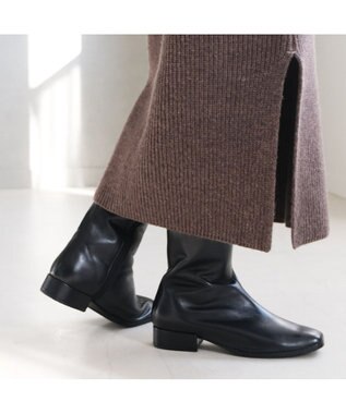 Pointer 本革ローヒール スクエアトゥロングブーツ ブラック