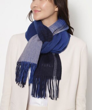 MOONBAT FURLA(フルラ）ウール100％ オンブレー チェックストール ネイビーブルー
