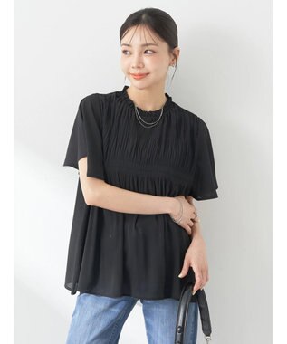 earth music&ecology マジョリカプリーツ半袖ブラウス Black