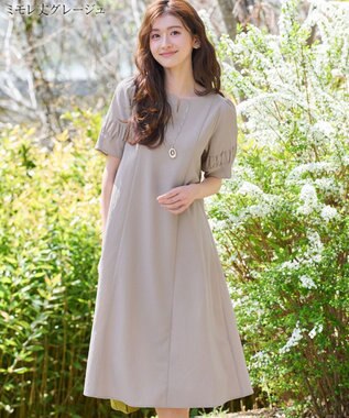 Tiaclasse 【選べる着丈・新色追加】ギャザーランタンスリーブワンピース ミモレ丈グレージュ
