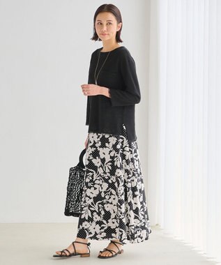 自由区 L 【洗える】リネンフリンジディテール8分袖 ニット ブラック系