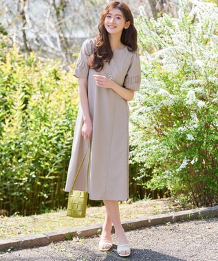 Tiaclasse 【選べる着丈・新色追加】ギャザーランタンスリーブワンピース ミモレ丈グレージュ