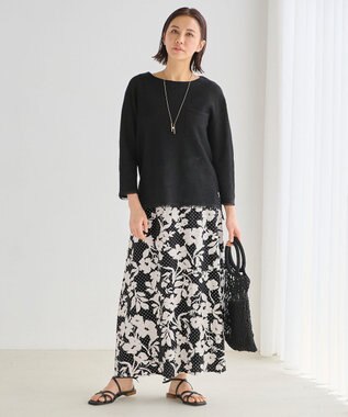 自由区 L 【洗える】リネンフリンジディテール8分袖 ニット ブラック系