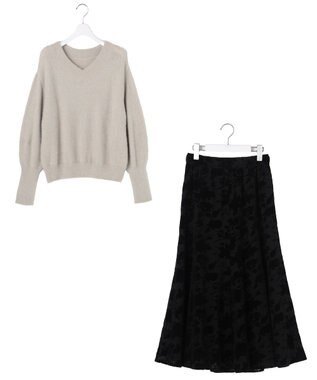 ANY SIS 【2SET】フェザー ニット × フロッキー スカート ライトグレー×ブラック