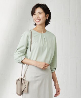 J.PRESS LADIES L ピンストライプジャージー ボリュームスリーブ カットソー ライトグリーン系1