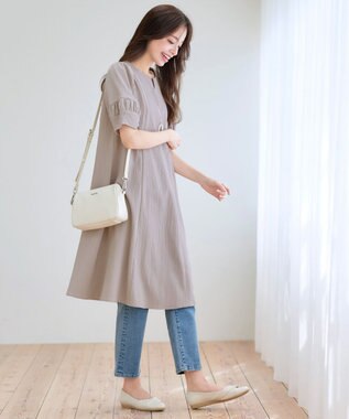 Tiaclasse 【選べる着丈・新色追加】ギャザーランタンスリーブワンピース 膝丈グレージュ