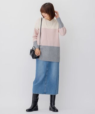 23区 【洗える】ウールナイロン カラーブロック ニット ヌードピンク系