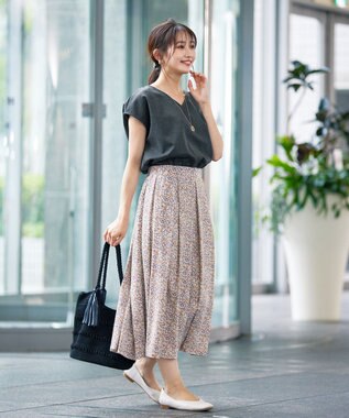 Tiaclasse 【洗える】異素材を組み合わせたカットソードッキングワンピース チャコール×ベージュフラワー