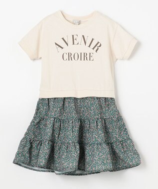 ANY KIDS 花柄ドッキング ワンピース オフホワイト×グリーン