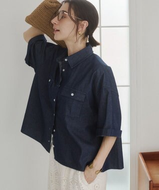 WEGO 【ANGIE VINTAGE】オーバーサイズデニム半袖シャツ ネイビー