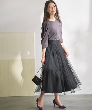 組曲 L ミニ裏毛ボリュームタックスリーブ カットソー チャコールグレー系