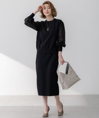 23区 L 【洗える】コンフォートストレッチ パフスリーブ ニット ブラック系